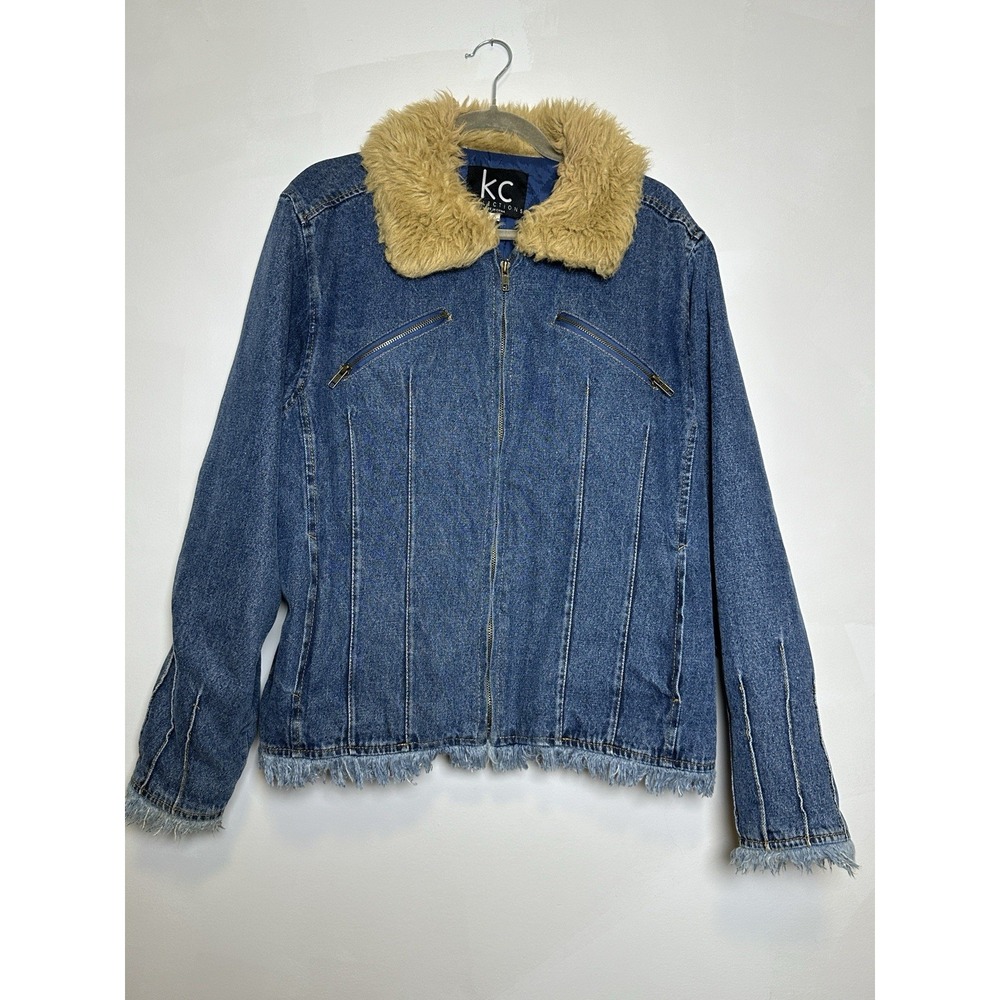 VTG KC Collections Denim Jacket Fur Collar Fringed Hem Size XL Quilted‎